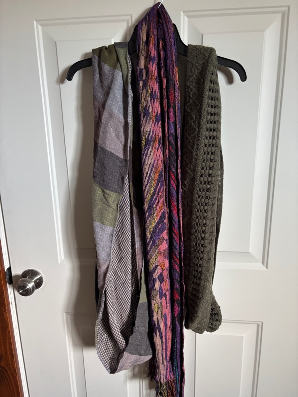 Mixed Knit and Woven Scarves - Olive, Gray, Pink & Purple